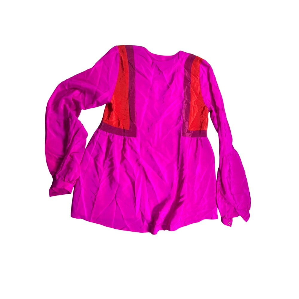 Amanda Uprichard 100% Silk Blouse P XS Hot Pink Colorblock Boho Tie Neck Top